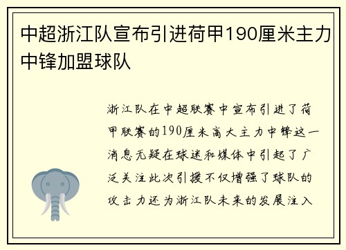 中超浙江队宣布引进荷甲190厘米主力中锋加盟球队